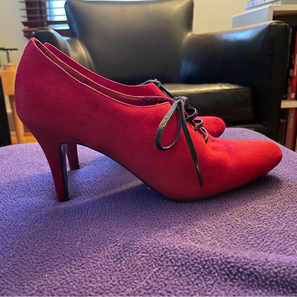 Red faux suede Oxford heels